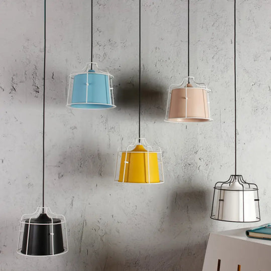 Modern Black/Blue Metal Pendant Light With Cage Shade - 1 Tapered Hanging Ceiling Lighting For