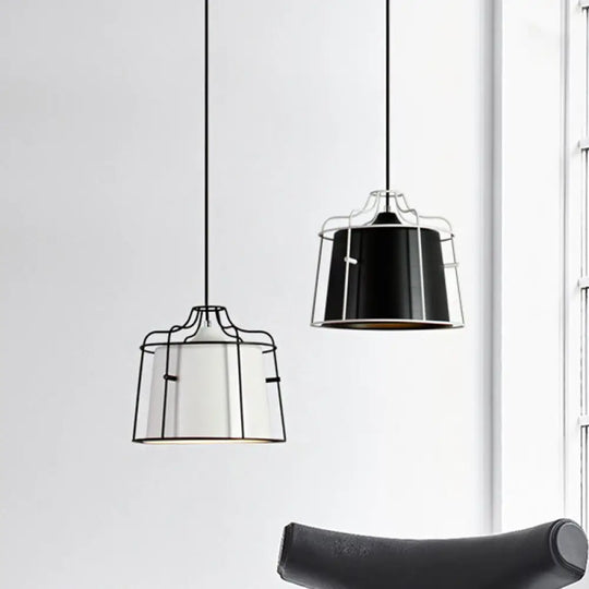 Modern Black/Blue Metal Pendant Light With Cage Shade - 1 Tapered Hanging Ceiling Lighting For