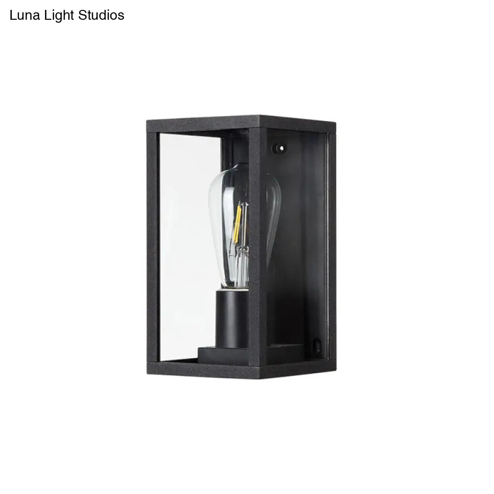 Modern Black Box Patio Wall Sconce - Transparent Glass 1-Bulb Lighting Fixture