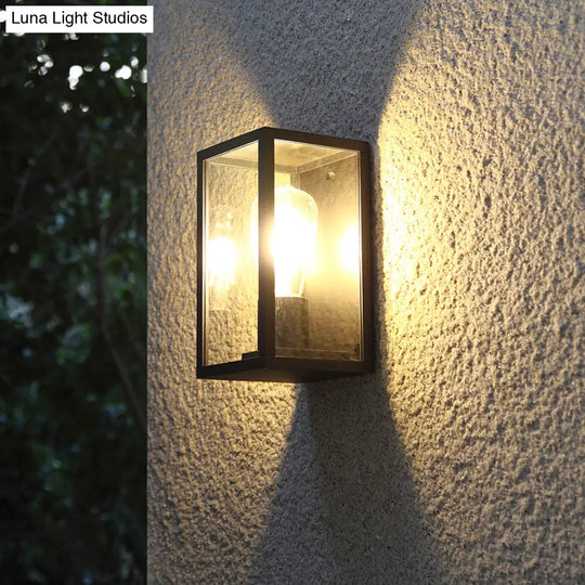 Modern Black Box Patio Wall Sconce - Transparent Glass 1-Bulb Lighting Fixture