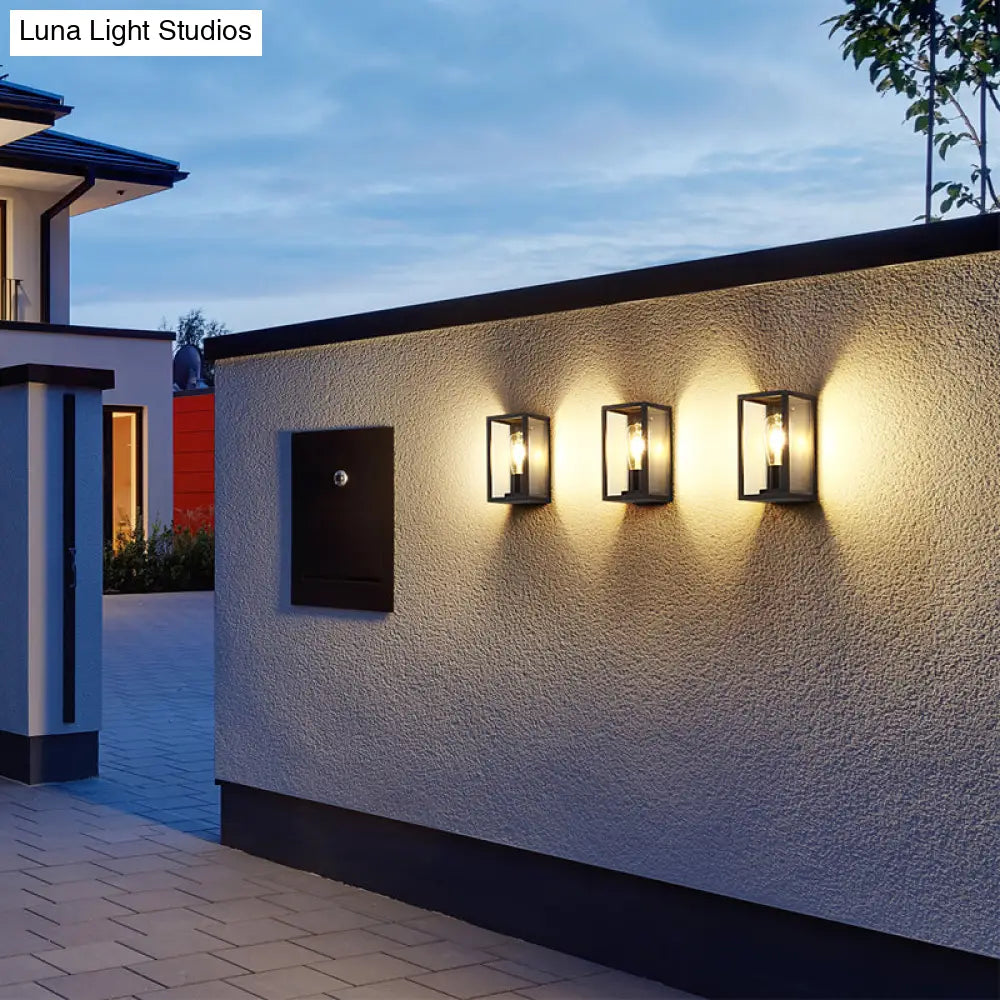 Modern Black Box Patio Wall Sconce - Transparent Glass 1-Bulb Lighting Fixture