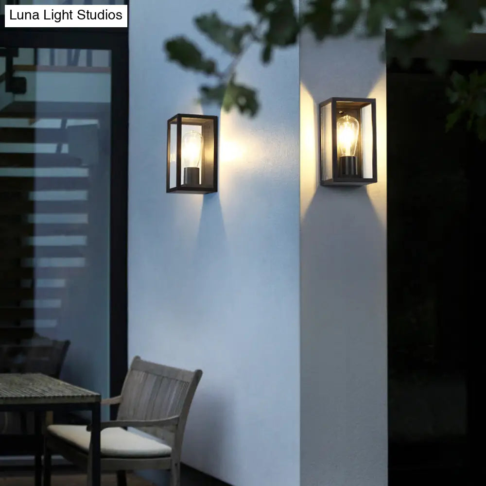 Modern Black Box Patio Wall Sconce - Transparent Glass 1-Bulb Lighting Fixture