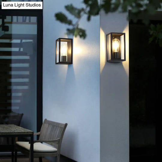 Modern Black Box Patio Wall Sconce - Transparent Glass 1-Bulb Lighting Fixture