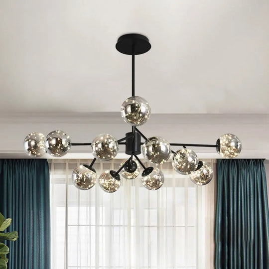 Modern Black Branch Chandelier Lamp - 12 Lights Globe Smoke Gray Glass Shade