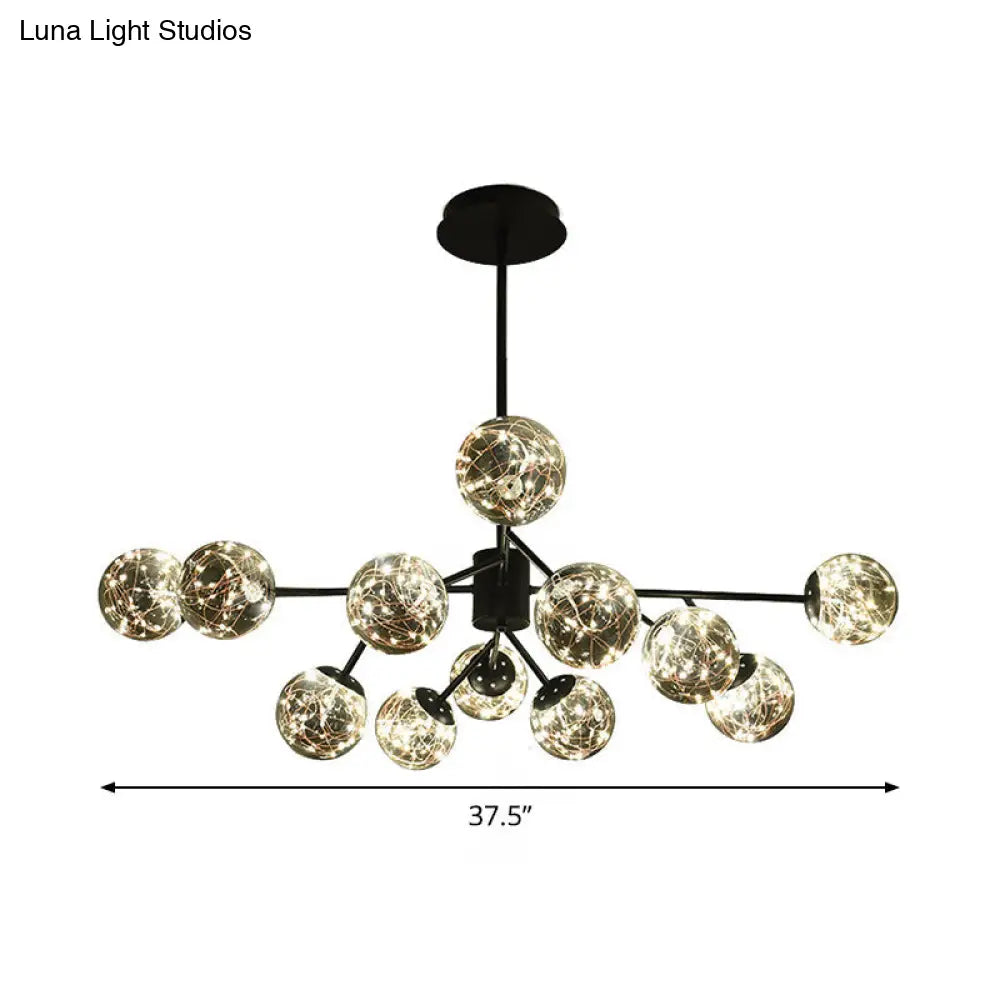 Modern Black Branch Chandelier With Smoke Gray Glass Shades 12-Light Living Room Hanging Lamp