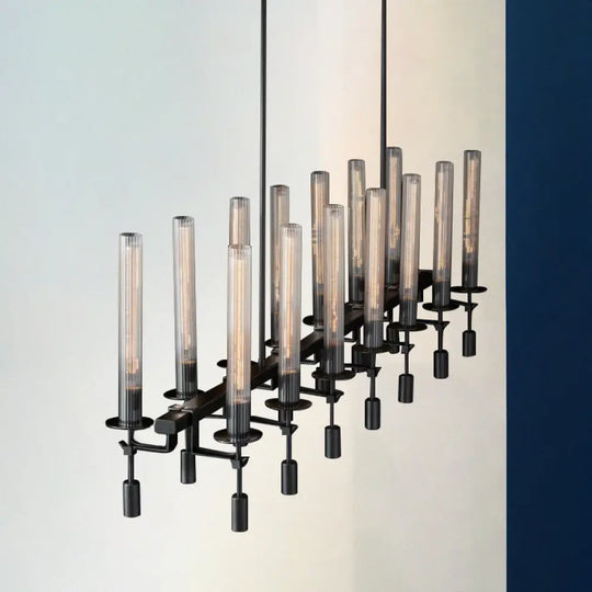 Modern Black/Brass/Nickel Tube Island Chandelier - Multi-Light Fluted Glass Led Hanging Lamp With