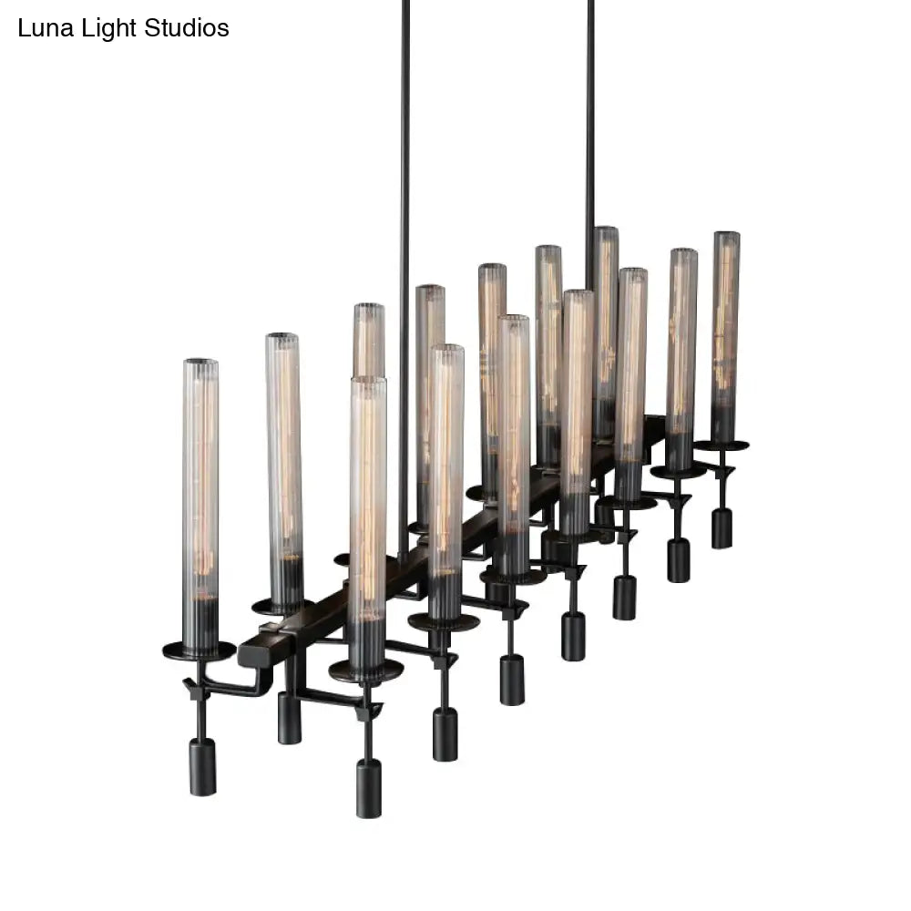 Modern Black/Brass/Nickel Tube Island Chandelier - Multi-Light Fluted Glass Led Hanging Lamp With