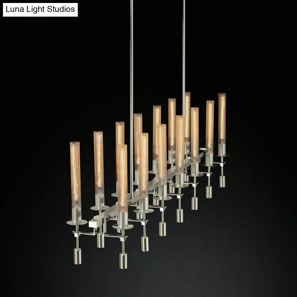 Modern Black/Brass/Nickel Tube Island Chandelier - Multi-Light Fluted Glass Led Hanging Lamp With