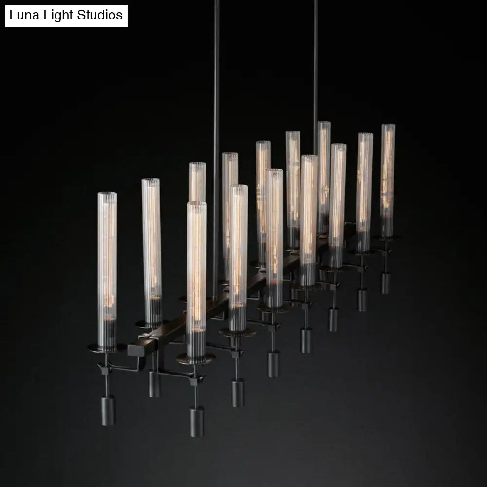 Modern Black/Brass/Nickel Tube Island Chandelier - Multi-Light Fluted Glass Led Hanging Lamp With