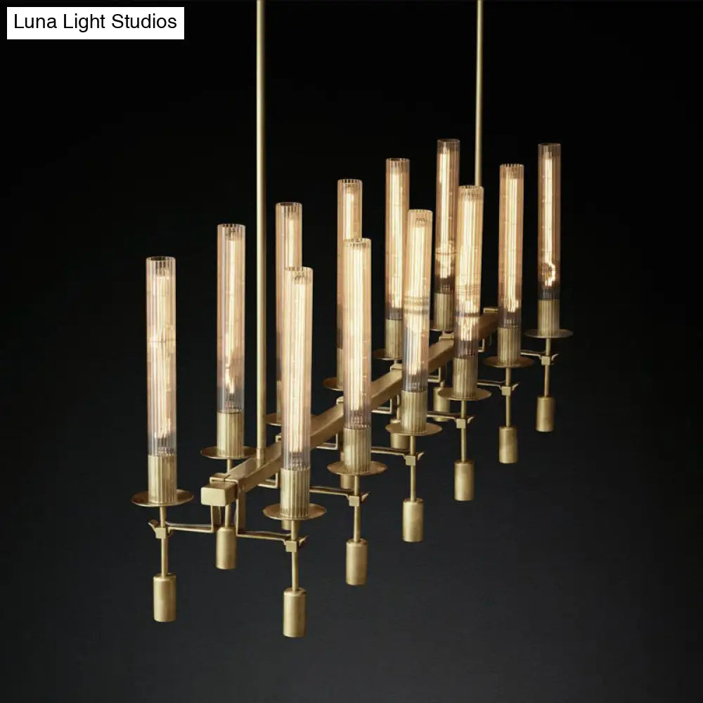 Modern Black/Brass/Nickel Tube Island Chandelier - Multi-Light Fluted Glass Led Hanging Lamp With