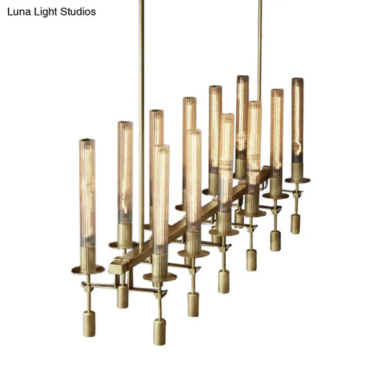 Modern Black/Brass/Nickel Tube Island Chandelier - Multi-Light Fluted Glass Led Hanging Lamp With