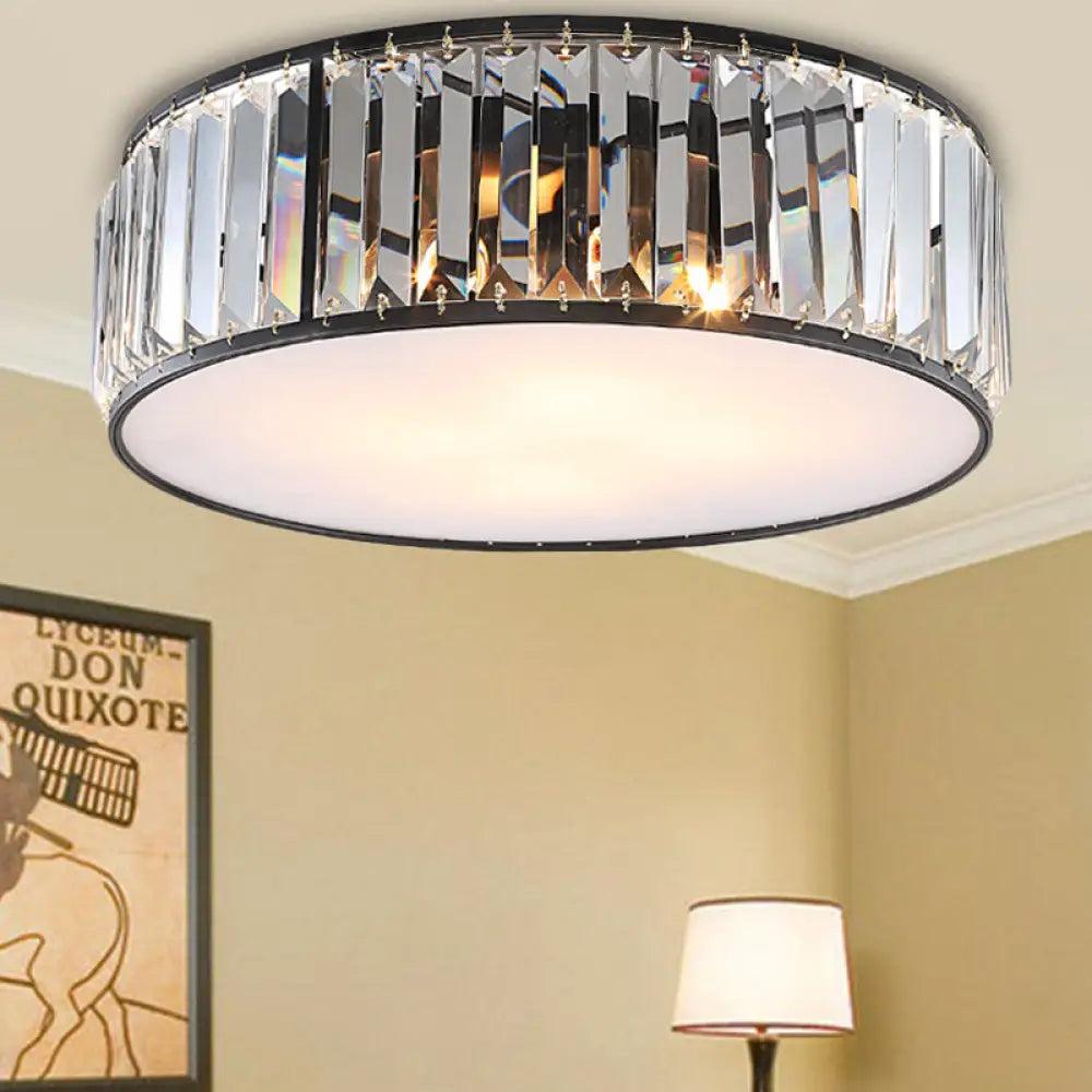 Modern Black/Bronze Flush Mount Bedroom Drum Light With Crystal Block - 12.5’/16.5’ Width Black