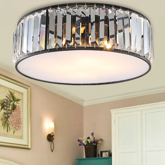 Modern Black/Bronze Flush Mount Bedroom Drum Light With Crystal Block - 12.5’/16.5’ Width Black