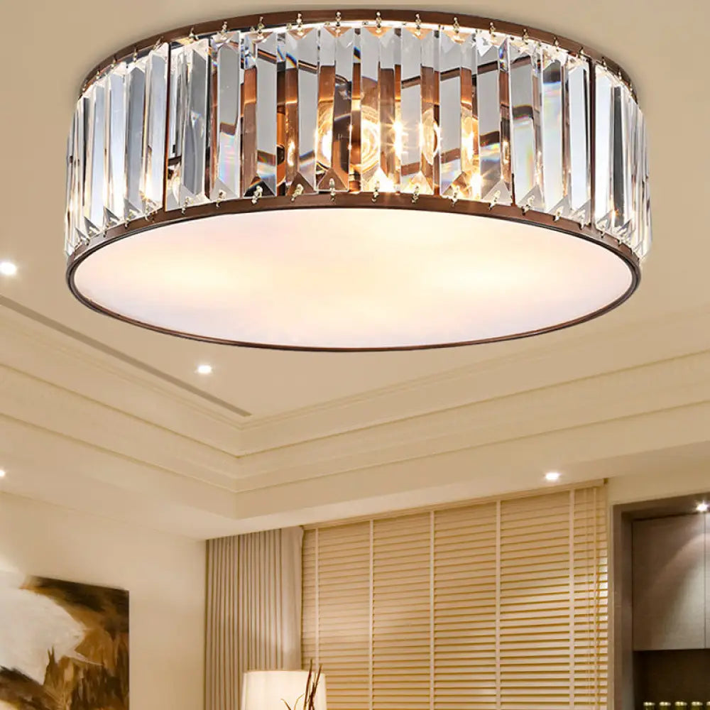 Modern Black/Bronze Flush Mount Bedroom Drum Light With Crystal Block - 12.5’/16.5’ Width