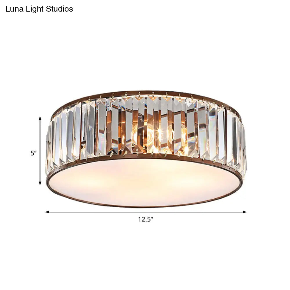 Modern Black/Bronze Flush Mount Bedroom Drum Light With Crystal Block - 12.5/16.5 Width