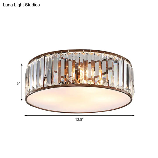 Modern Black/Bronze Flush Mount Bedroom Drum Light With Crystal Block - 12.5/16.5 Width