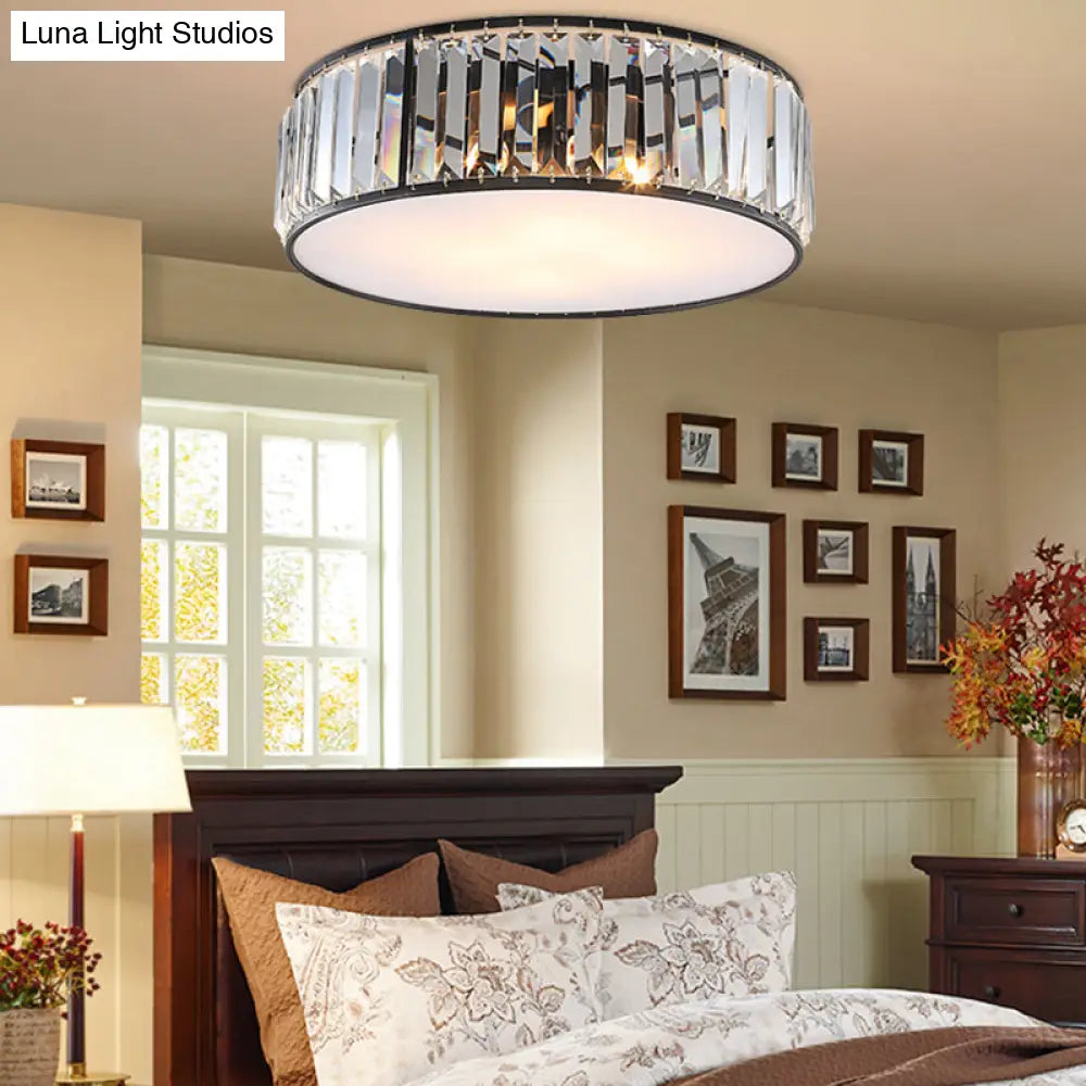 Modern Black/Bronze Flush Mount Bedroom Drum Light With Crystal Block - 12.5’/16.5’ Width