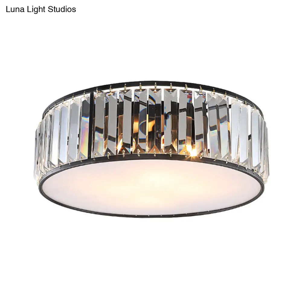 Modern Black/Bronze Flush Mount Bedroom Drum Light With Crystal Block - 12.5/16.5 Width