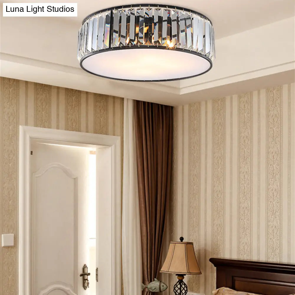 Modern Black/Bronze Flush Mount Bedroom Drum Light With Crystal Block - 12.5’/16.5’ Width