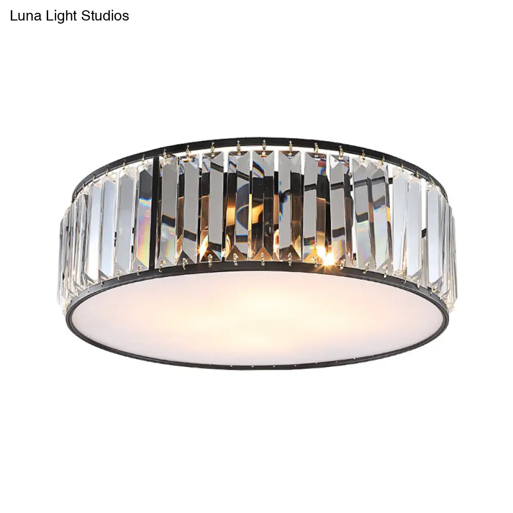 Modern Black/Bronze Flush Mount Bedroom Drum Light With Crystal Block - 12.5’/16.5’ Width