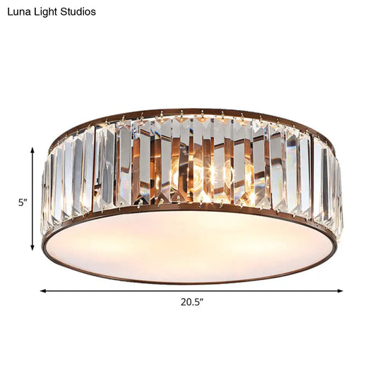 Modern Black/Bronze Flush Mount Bedroom Drum Light With Crystal Block - 12.5’/16.5’ Width