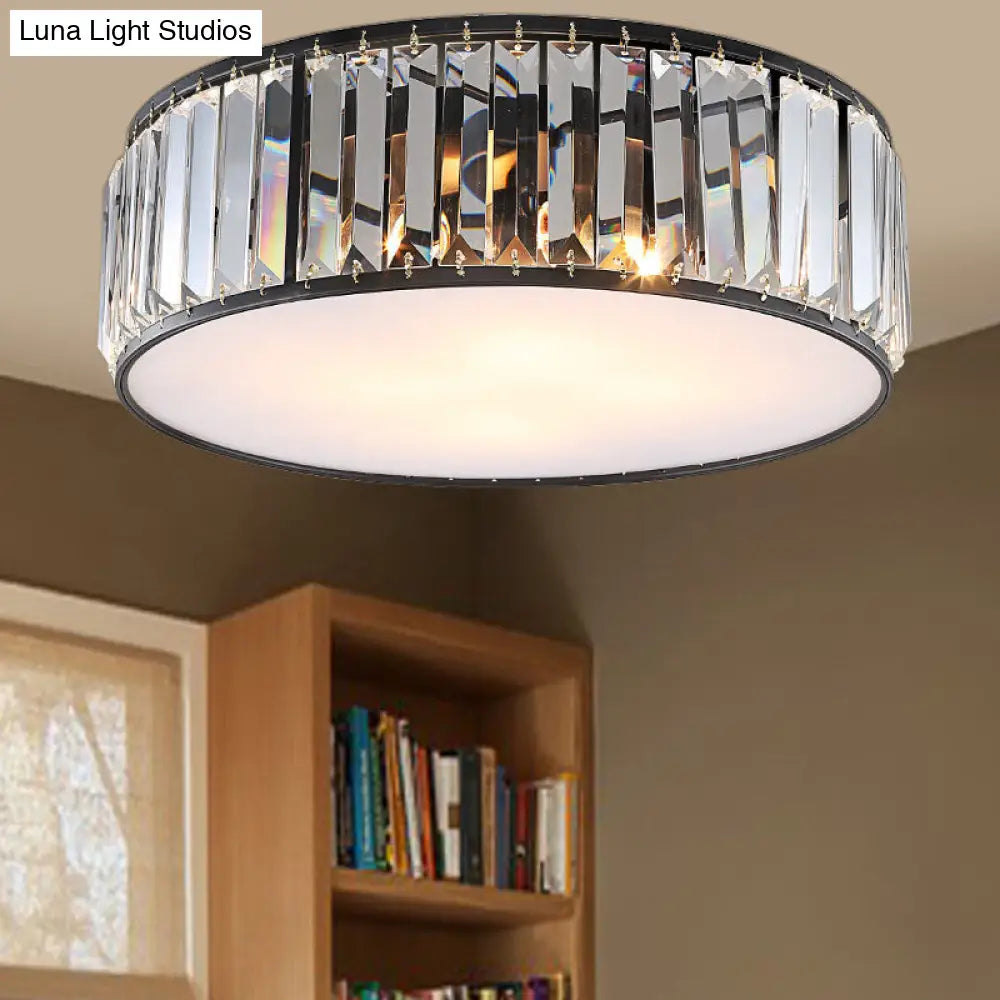 Modern Black/Bronze Flush Mount Bedroom Drum Light With Crystal Block - 12.5/16.5 Width Black / 12.5