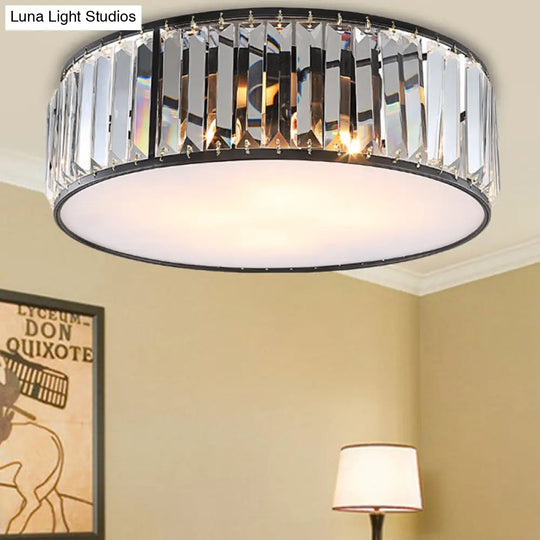 Modern Black/Bronze Flush Mount Bedroom Drum Light With Crystal Block - 12.5/16.5 Width Black / 16.5