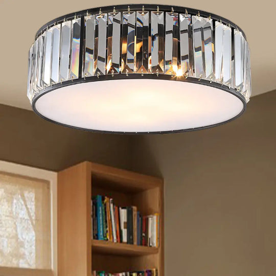 Modern Black/Bronze Flush Mount Bedroom Drum Light With Crystal Block - 12.5’/16.5’ Width Black