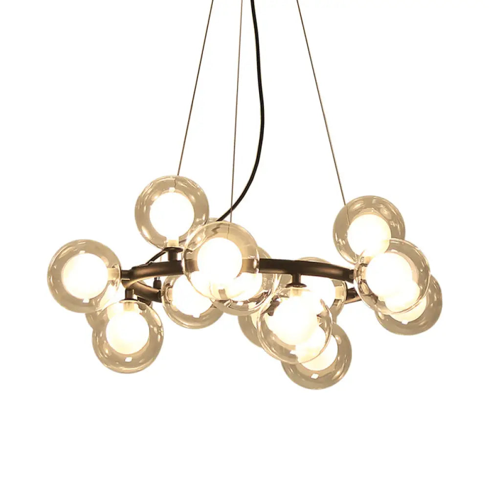 Modern Black Bubbled Wreath Chandelier With Clear And Frosted Glass Shades - 15/25 Bulbs Hanging