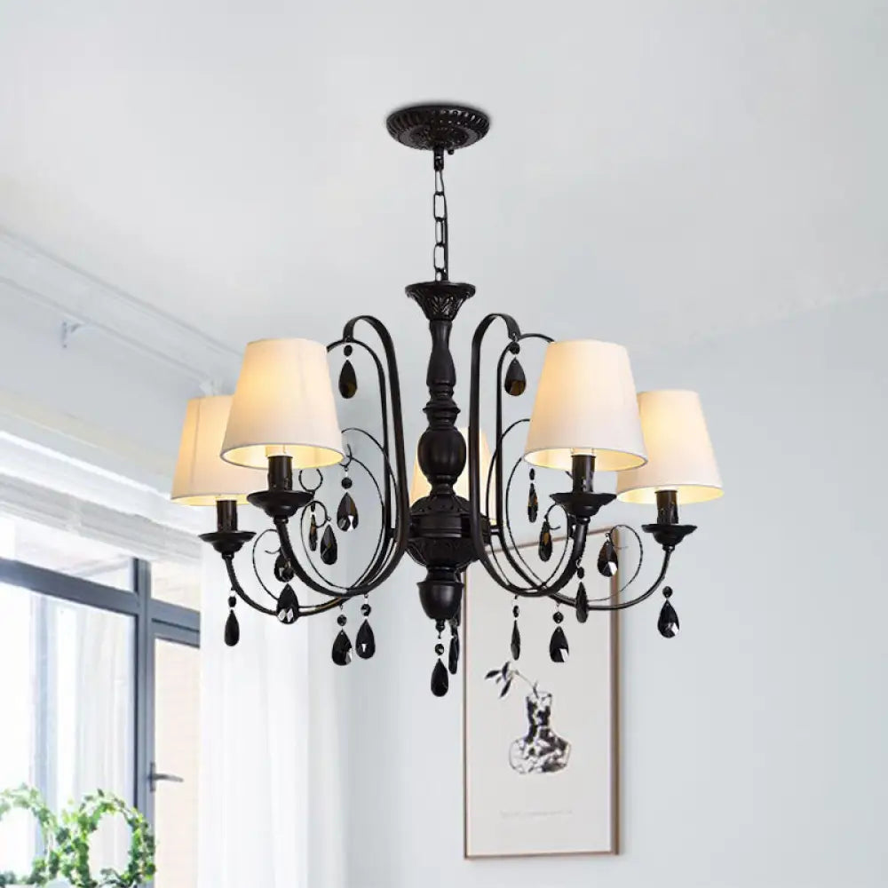 Modern Black Candle Chandelier Light With 5 Metal Lights And Fabric Shade - Ideal For Restaurants