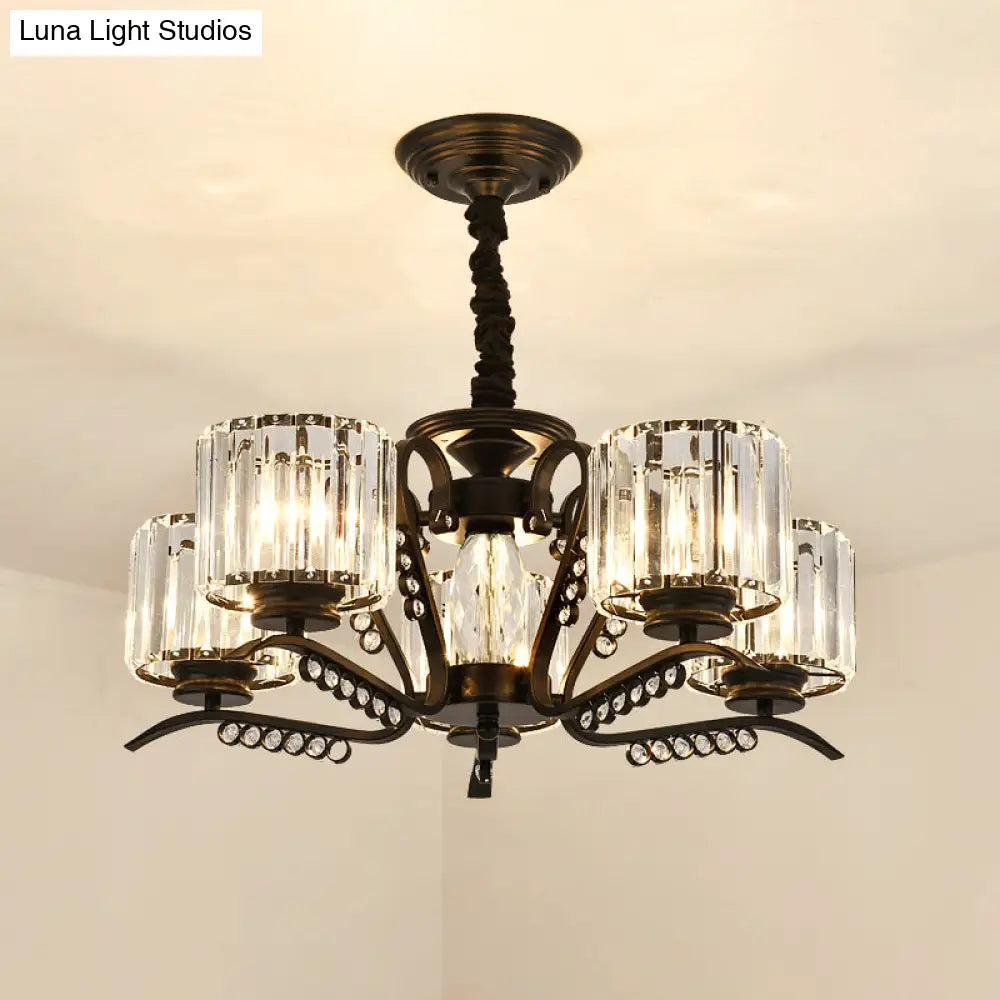 Modern Black Ceiling Chandelier With Crystal Cylinder Shade - 3/5 Heads Perfect For Living Rooms