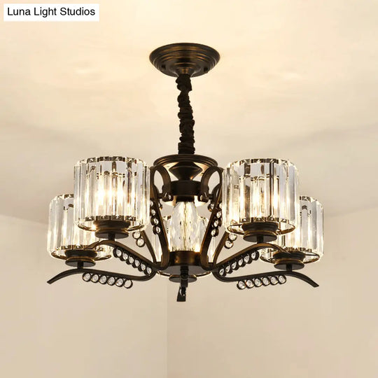 Modern Black Ceiling Chandelier With Crystal Cylinder Shade - 3/5 Heads Perfect For Living Rooms