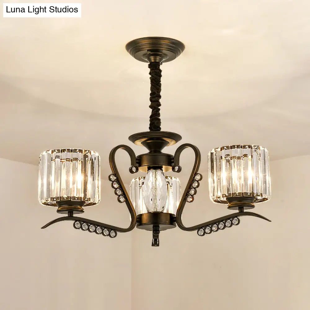 Modern Black Ceiling Chandelier With Crystal Cylinder Shade - 3/5 Heads Perfect For Living Rooms