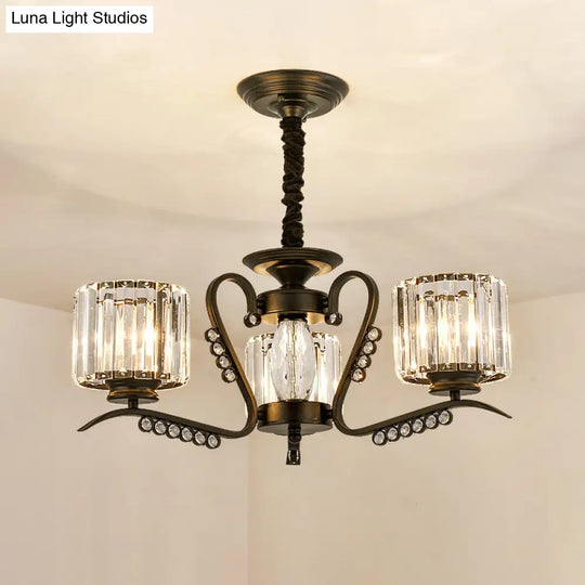 Modern Black Ceiling Chandelier With Crystal Cylinder Shade - 3/5 Heads Perfect For Living Rooms