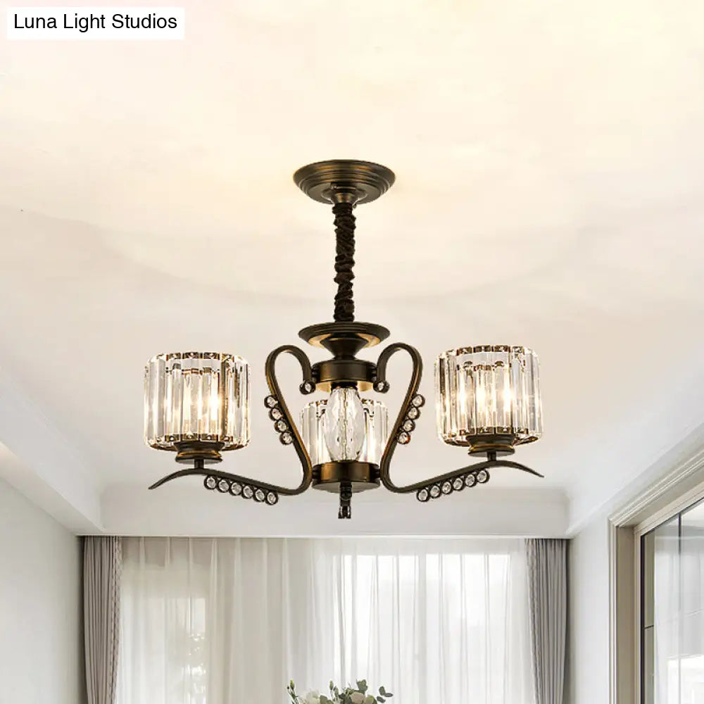 Modern Black Ceiling Chandelier With Crystal Cylinder Shade - 3/5 Heads Perfect For Living Rooms