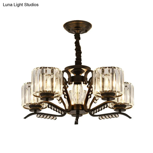 Modern Black Ceiling Chandelier With Crystal Cylinder Shade - 3/5 Heads Perfect For Living Rooms