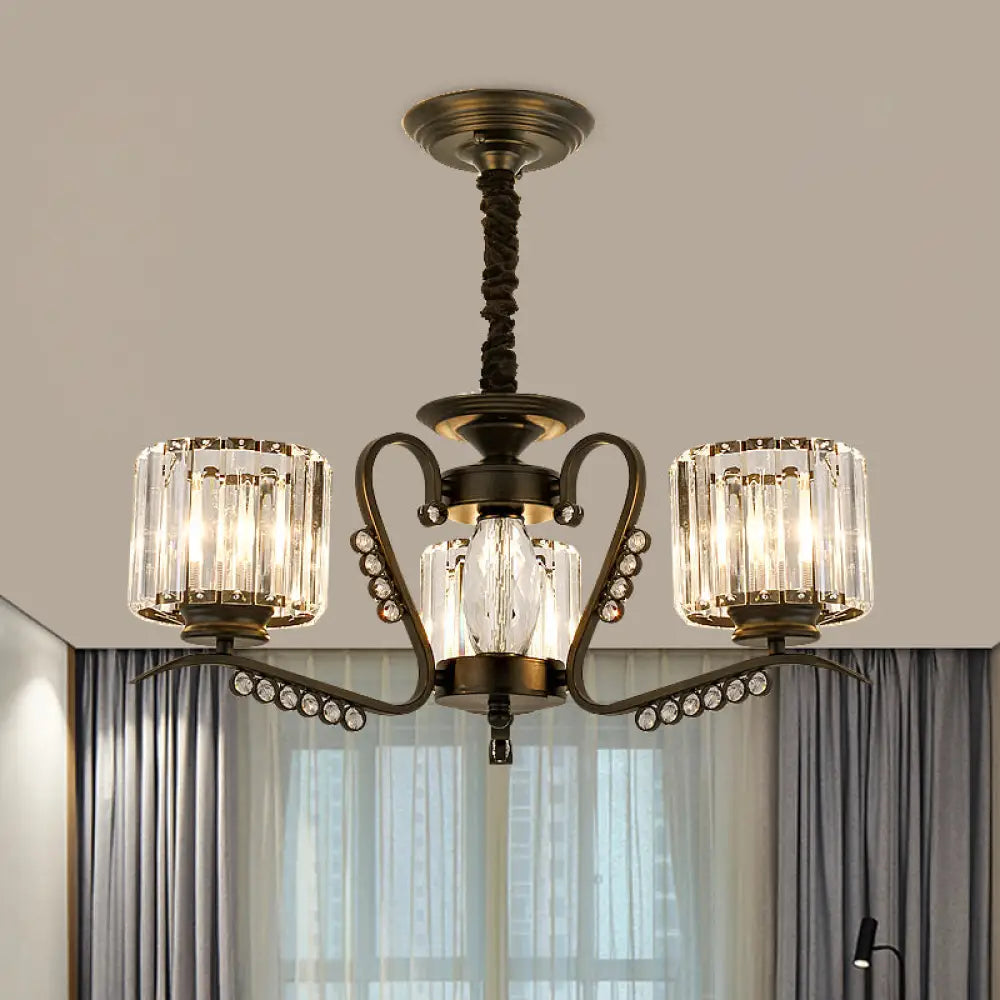 Modern Black Ceiling Chandelier With Crystal Cylinder Shade - 3/5 Heads Perfect For Living Rooms 3 /