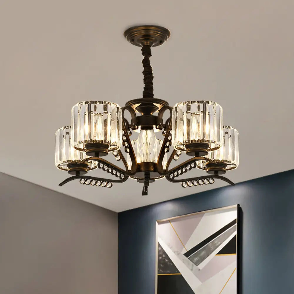 Modern Black Ceiling Chandelier With Crystal Cylinder Shade - 3/5 Heads Perfect For Living Rooms 5 /