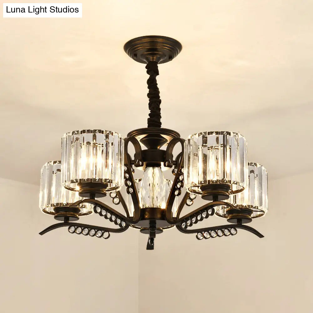 Modern 3/5-Head Black Chandelier With Crystal Shade - Ideal For Living Room Suspension Lighting