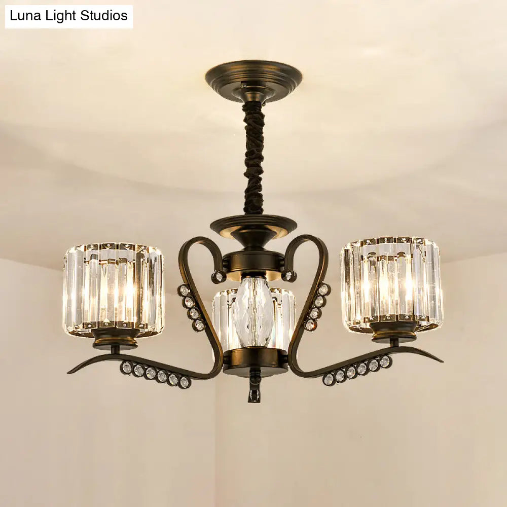 Modern 3/5-Head Black Chandelier With Crystal Shade - Ideal For Living Room Suspension Lighting