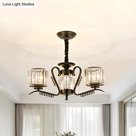 Modern 3/5-Head Black Chandelier With Crystal Shade - Ideal For Living Room Suspension Lighting