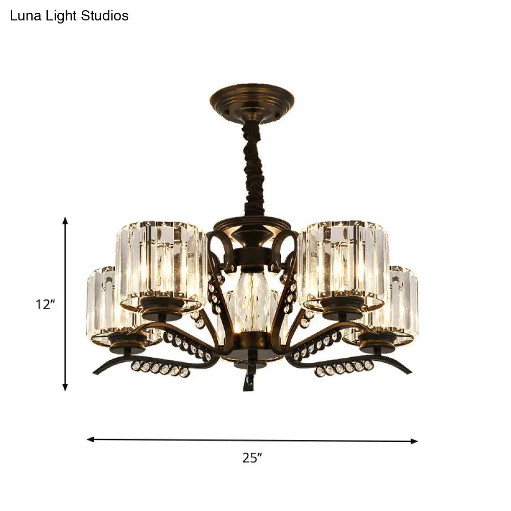 Modern Black Ceiling Chandelier With Crystal Cylinder Shade - 3/5 Heads Perfect For Living Rooms