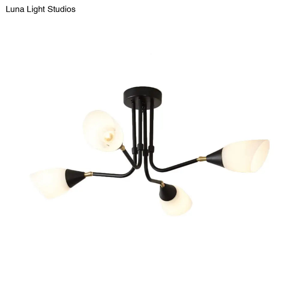 Modern 4/6/8 Bulbs Ceiling Chandelier - Black Flared Pendant Light With Milky Glass Shade