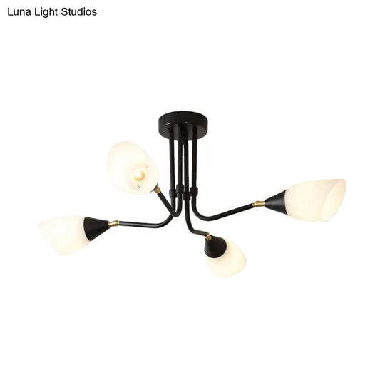 Modern 4/6/8 Bulbs Ceiling Chandelier - Black Flared Pendant Light With Milky Glass Shade