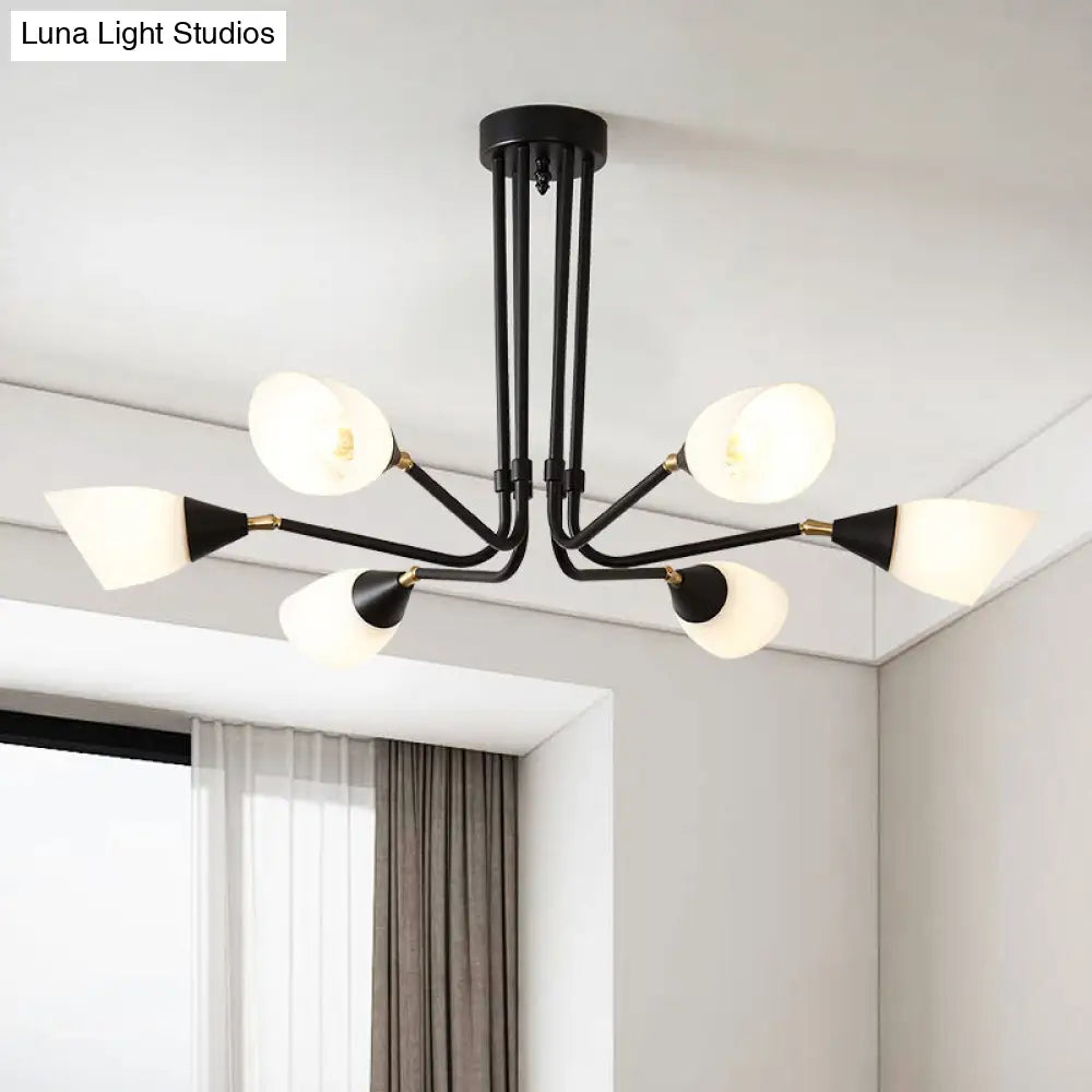 Modern 4/6/8 Bulbs Ceiling Chandelier - Black Flared Pendant Light With Milky Glass Shade 6 /