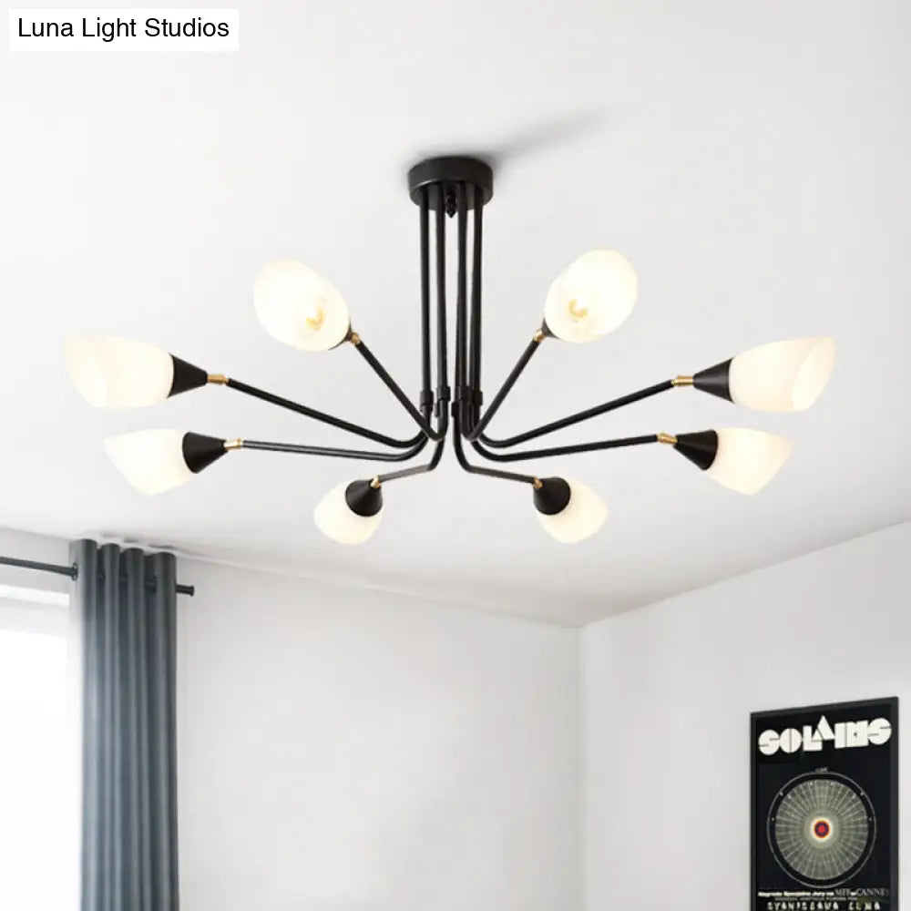 Modern 4/6/8 Bulbs Ceiling Chandelier - Black Flared Pendant Light With Milky Glass Shade