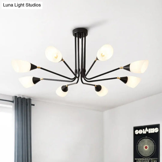 Modern 4/6/8 Bulbs Ceiling Chandelier - Black Flared Pendant Light With Milky Glass Shade