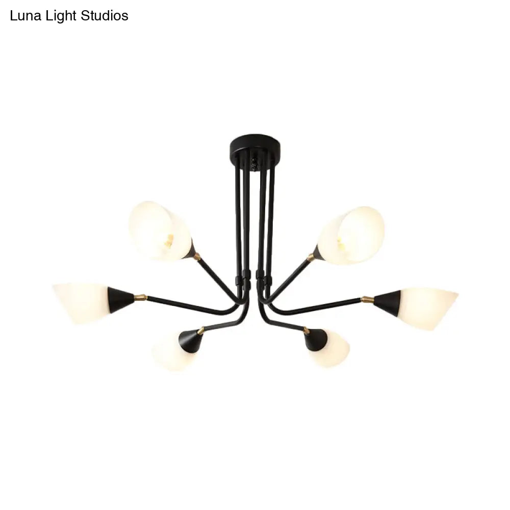 Modern 4/6/8 Bulbs Ceiling Chandelier - Black Flared Pendant Light With Milky Glass Shade