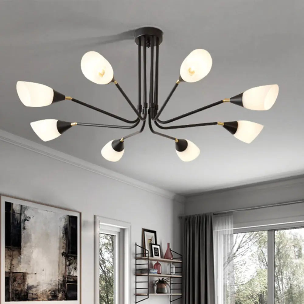 Modern Black Ceiling Chandelier With Flared Pendant Light And Milky Glass Shade - 4/6/8 Bulbs 8 /