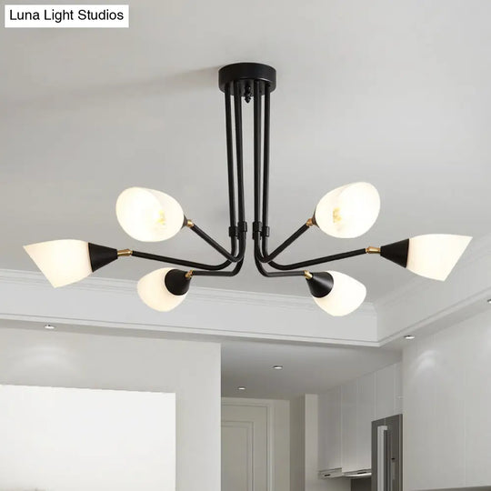 Modern Black Ceiling Chandelier With Flared Pendant Light And Milky Glass Shade - 4/6/8 Bulbs